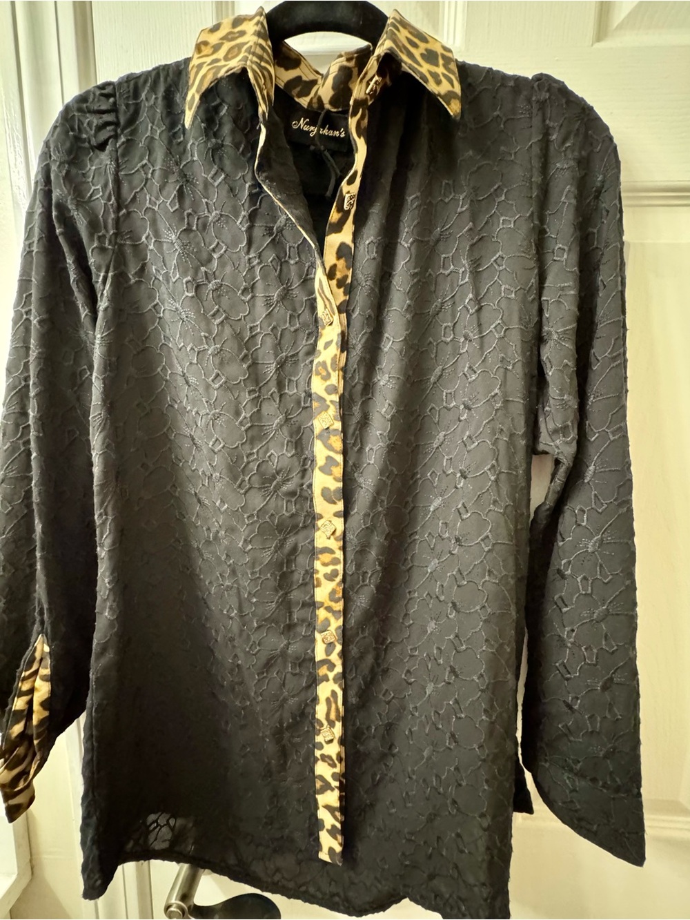 Black Lace Button-Up Blouse with Leopard Trim